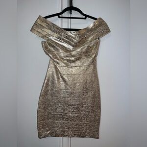 bebe Off-the Shoulder Shimmering Gold Dress